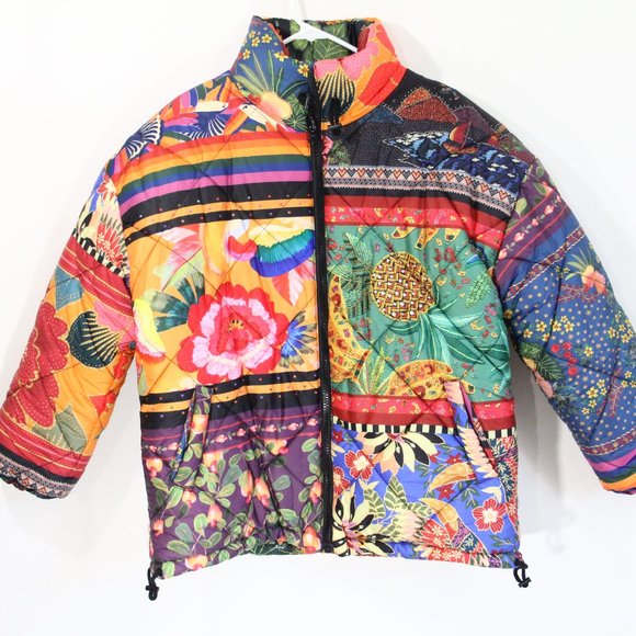 Farm Rio Puffer Jacket NEW Women Colorful Mix Scarves Coat Small Quilted - Picture 5 of 10